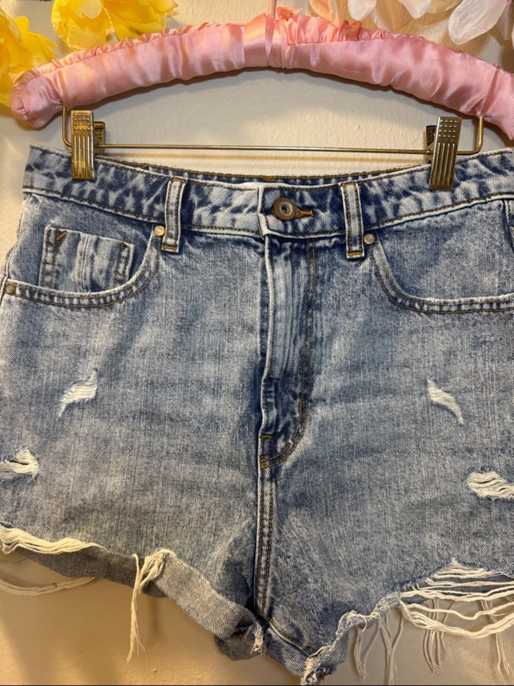 Zara Distressed Light Blue Denim High-Rise Shorts